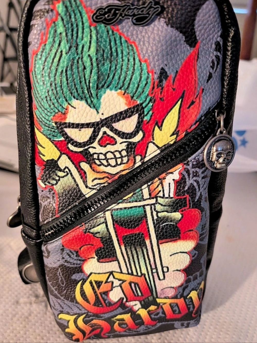 Ed Hardy Graphic Sling Bag in Black & Multicolor NWT